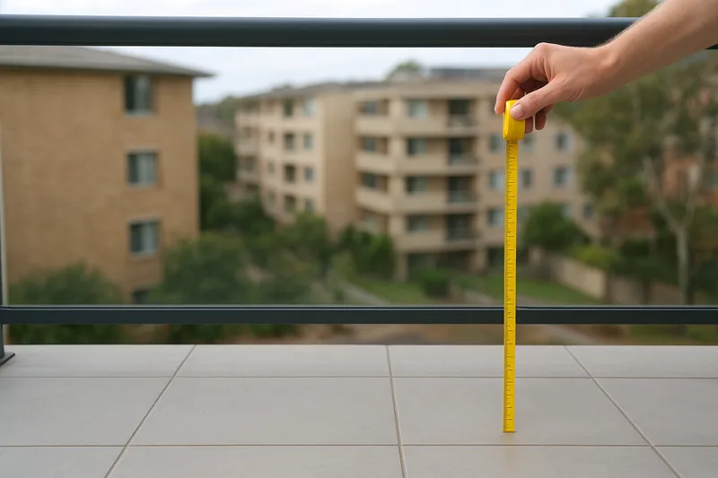 A yellow tape measure standing upright on the tiled floor of a balcony in front of a glass and rail balustrade, held at the top by a hand — balcony balustrade height check, Melbourne. Illustrative example.